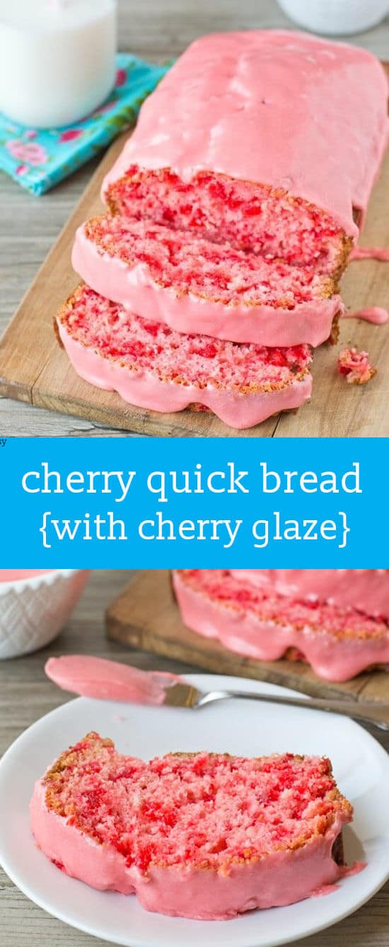 A simple quick bread with maraschino cherries in every bite. Don't forget the almond cherry glaze on top this simple cherry bread!