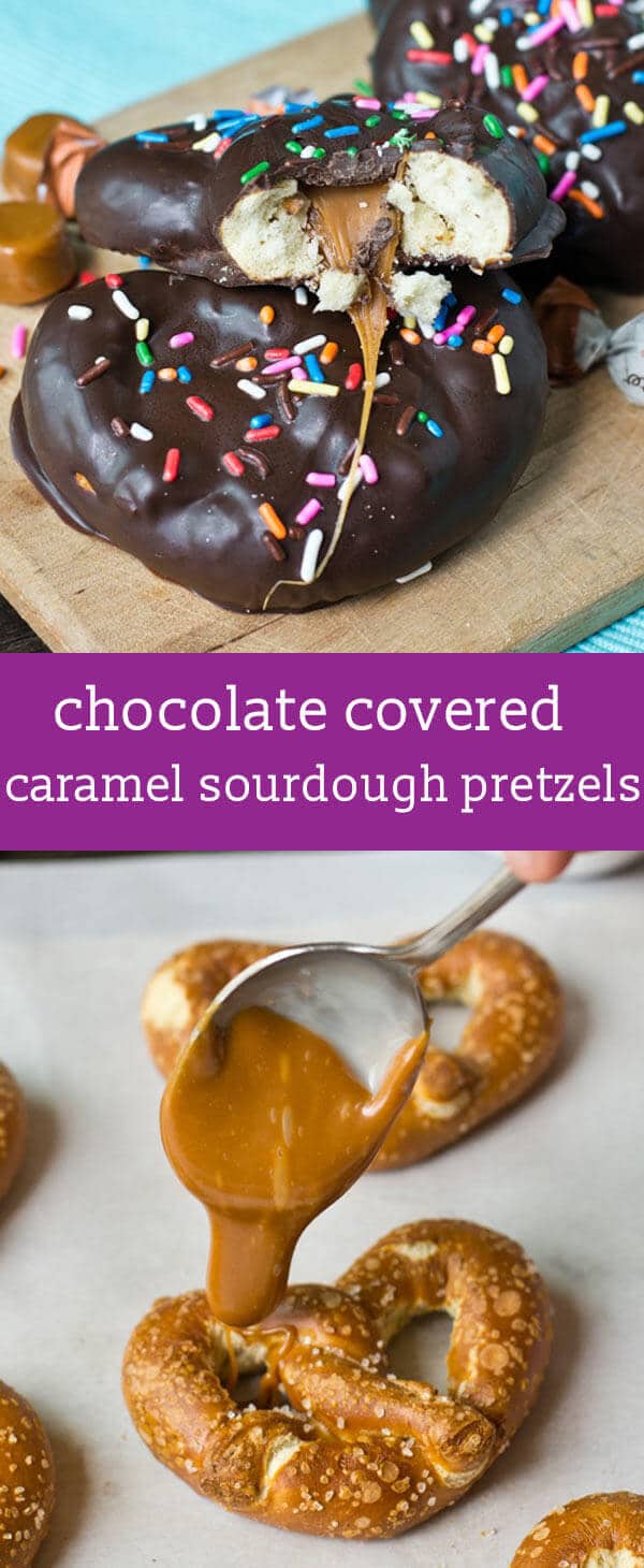 Chocolate Covered Caramel Sourdough Pretzels uses soft caramels to make a sweet & salty snack that is quick, easy and so delicious!