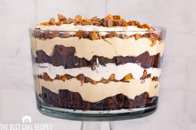 chocolate peanut butter trifle in a glass dish