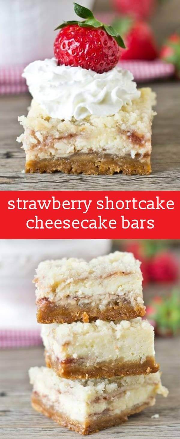 Strawberry Shortcake Cheesecake Bars: Golden Oreo crust, strawberry swirled cheesecake and amazing streusel on top. Serve with strawberries & whipped cream! homemade cheesecake bars / oreo cheesecake crust / strawberry cheesecake recipe