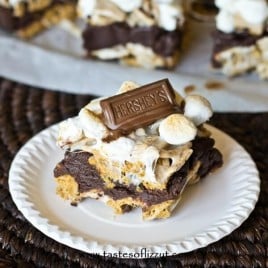 S'more Brownie Batter Bars with hershey bar on top