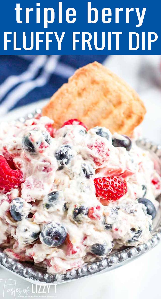 This Triple Berry Fruit Dip is a lighter patriotic dessert that you can serve with cut out pie crust, vanilla wafers, or pretzels. via @tastesoflizzyt