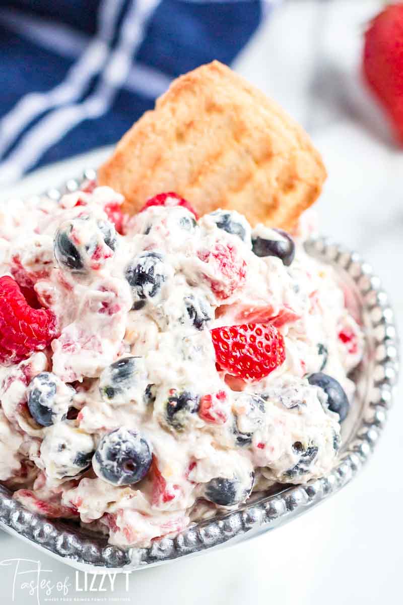 This Triple Berry Fruit Dip is a lighter patriotic dessert that you can serve with cut out pie crust, vanilla wafers, or pretzels