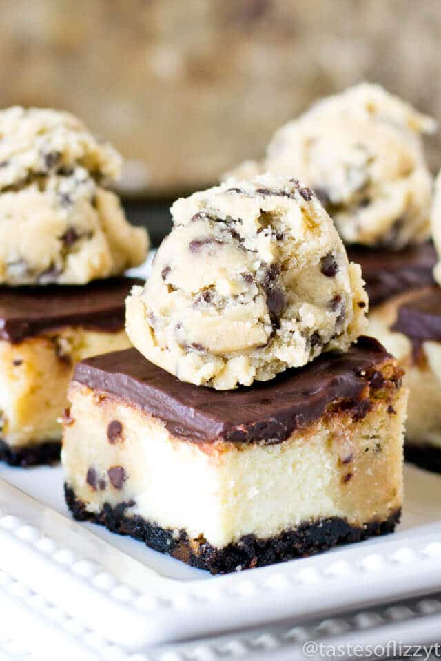 Cookie Dough Cheesecake Bars... What's better than edible, eggless cookie dough baked inside a classic white cheesecake?And there's a Cookie Dough Oreo crust, too!