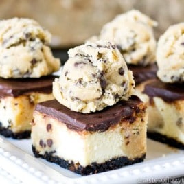 Cookie Dough Cheesecake Bars... What's better than edible, eggless cookie dough baked inside a classic white cheesecake?And there's a Cookie Dough Oreo crust, too!