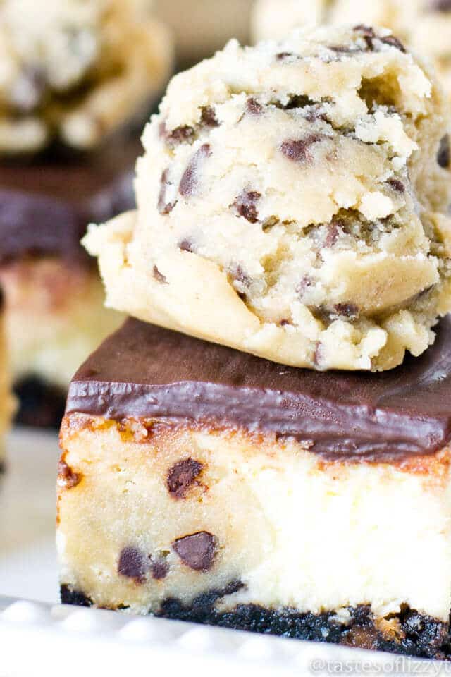 Cookie Dough Cheesecake Bars... What's better than edible, eggless cookie dough baked inside a classic white cheesecake?And there's a Cookie Dough Oreo crust, too!