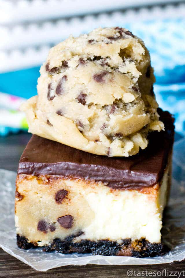 Cookie Dough Cheesecake Bars... What's better than edible, eggless cookie dough baked inside a classic white cheesecake?And there's a Cookie Dough Oreo crust, too!