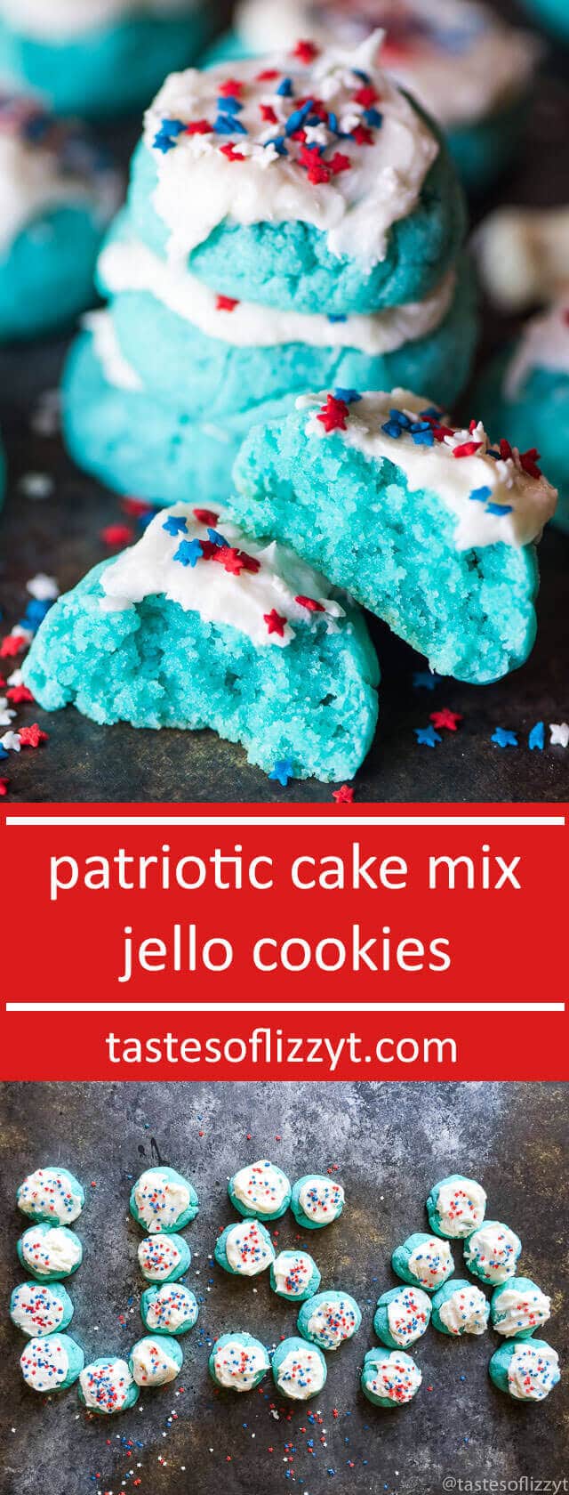 Patriotic Cake Mix Jello Cookies. A wonderful combination of a boxed cake mix and Jell-O. These are so simple and fun to decorate for the 4th of July! easy patriotic dessert recipe