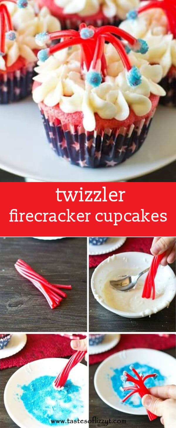 Make a bang at your July 4th party with these Twizzler Firecracker Cupcakes! These patriotic treats are a fun, edible craft for kids to make.