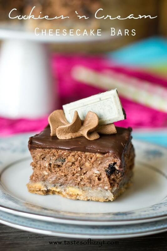 Cookies 'n Cream Cheesecake Bars. Chocolate cheesecake with a Hershey's Cookies 'n Cream cookie crust and Oreos inside