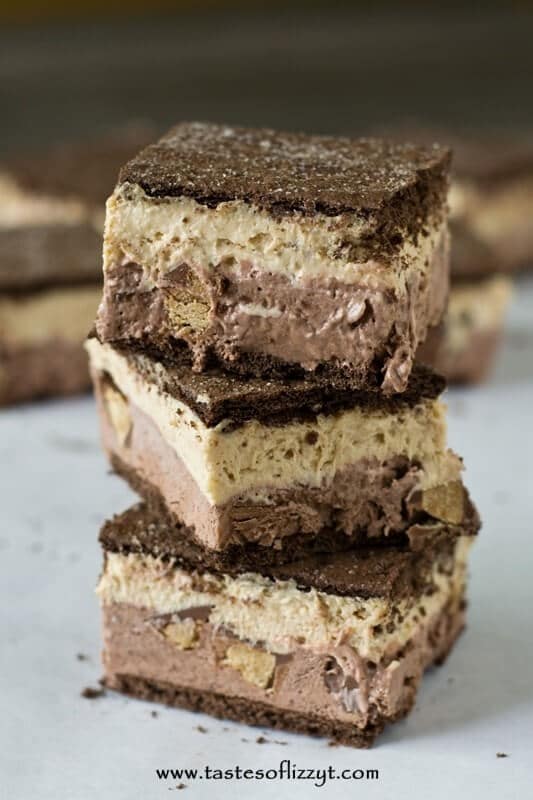 Reese's Stuffed Ice Cream Sandwiches. There's a chocolate pudding layer and a peanut butter layer, with Reese's stuffed between, of course!