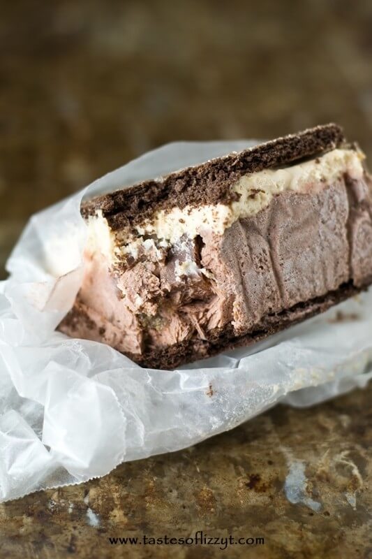 Reese's Stuffed Ice Cream Sandwiches. There's a chocolate pudding layer and a peanut butter layer, with Reese's stuffed between, of course!