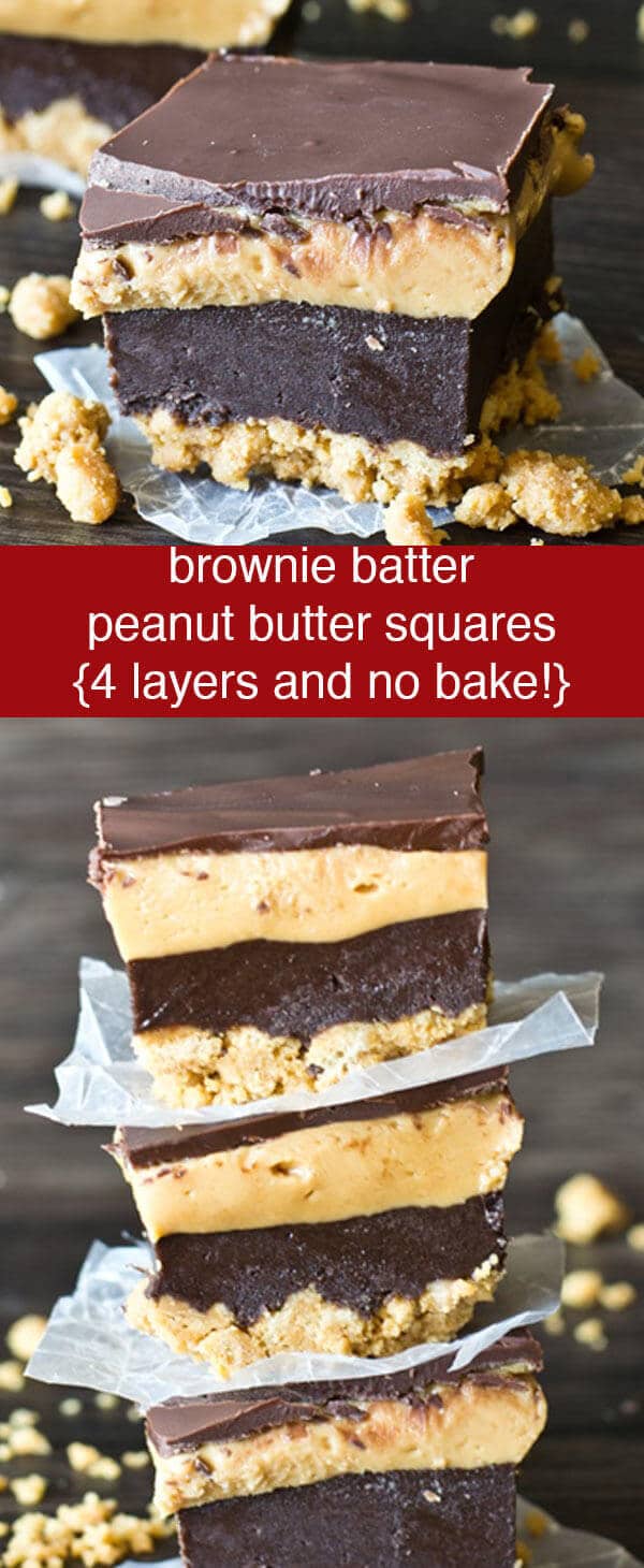 Brownie Batter Peanut Butter Squares {4 Layer No Bake Dessert Bars}