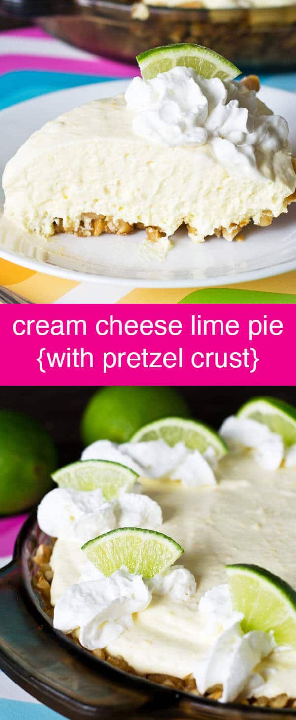 Cream Cheese Lime Pie {Easy No Bake Filling & Pretzel Crust} Cream Cheese Lime Pie is a cool, creamy dessert with sweet cream, tangy lime and a salty crushed pretzel crust. Make it no-bake with a store bought crust!