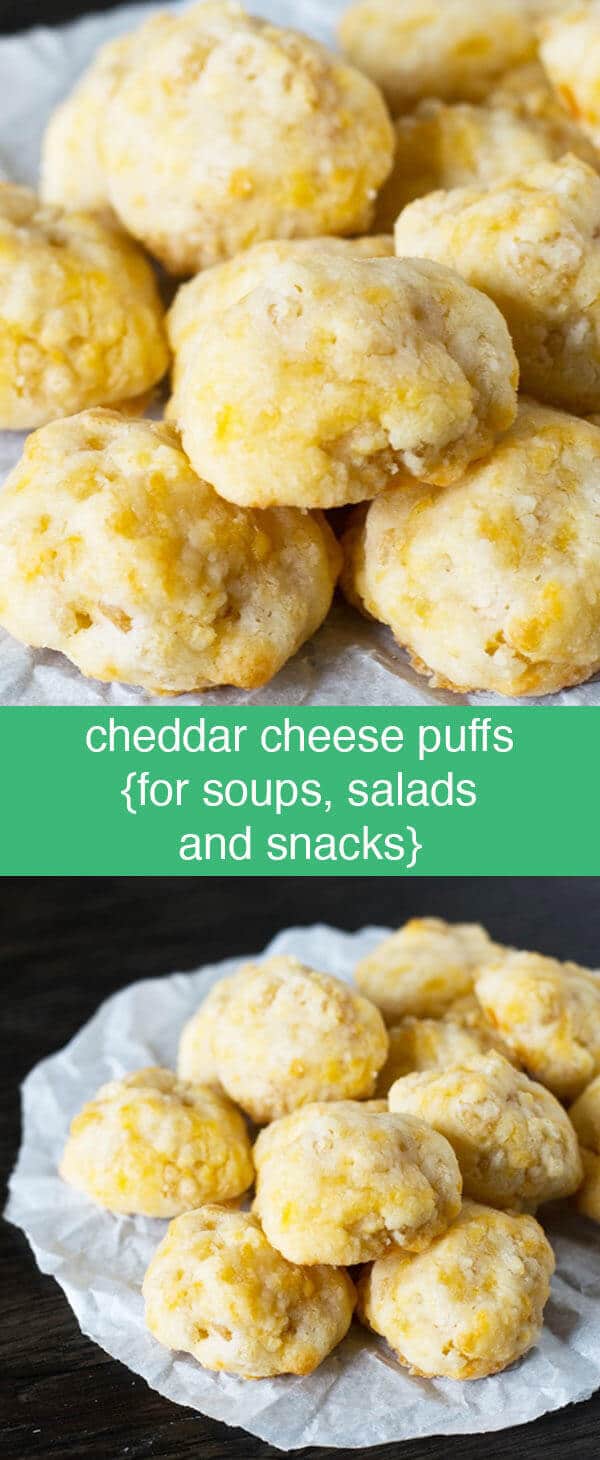 Homemade Cheddar Cheese Puffs {Homemade Cheddar Croutons} Homemade Cheddar Cheese Puffs are great for school lunches, after school snacks, or salad & soup toppers. They've got a crunch, but will melt in your mouth!