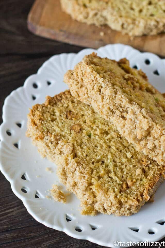 Two slices of homemade zucchini bread with brown sugar streusel