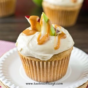 closeup of apple cupcake with caramel drizzle