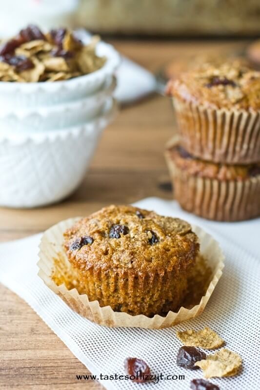 Raisin Bran Muffins are full of whole wheat flour, bran flakes and raisins for a sweet, healthy start to the day.