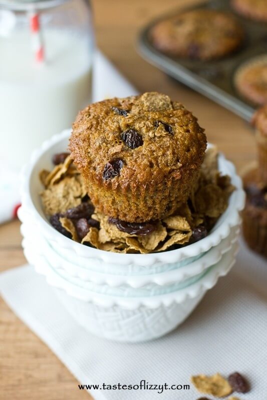 Raisin Bran Muffins are full of whole wheat flour, bran flakes and raisins for a sweet, healthy start to the day.