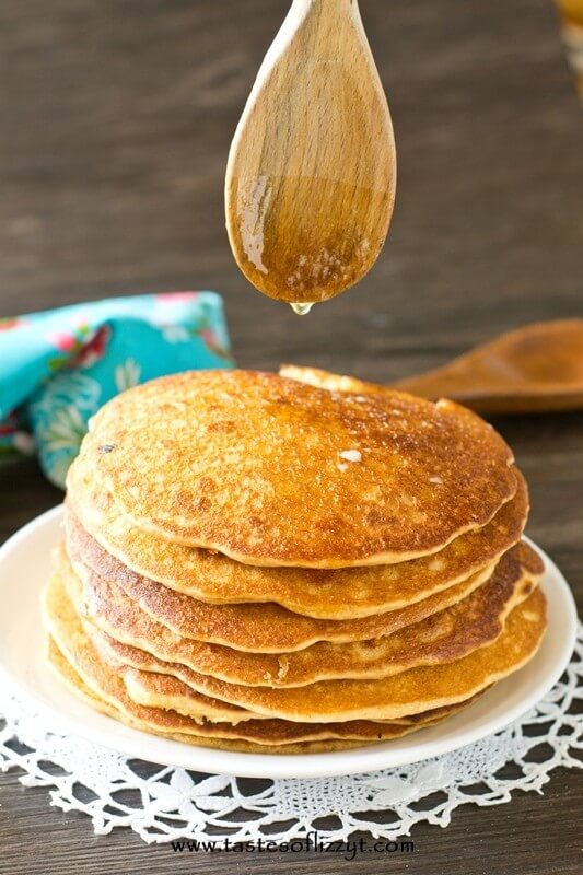 Honey wheat pancakes make a healthy start to your day. Instead of maple syrup, make this simple honey butter syrup for a fun change!