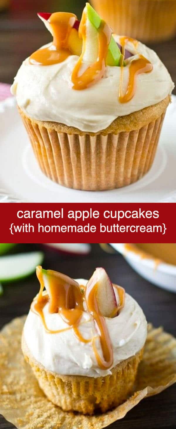 Soft cupcakes flavored with apple and caramel in both the cupcake and the buttercream. Decorate the top with apple slices and drizzle with caramel for a pretty look! Caramel Apple Cupcakes {with Apple and Caramel Buttercream}