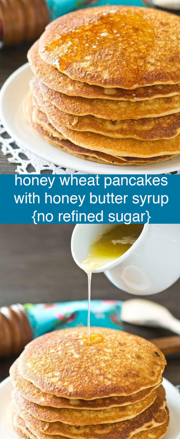Honey wheat pancakes make a healthy start to your day. Instead of maple syrup, make this simple honey butter syrup for a fun change! Honey Wheat Pancakes with Honey Butter Syrup {No Refined Sugar}