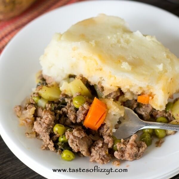 plate of shepherd's pie with a fork