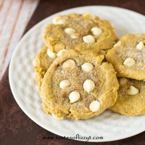 plate of white chocolate chip pumpkin cookies