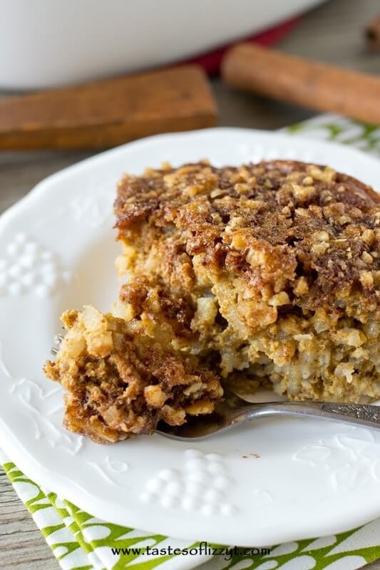 pumpkin dessert made with rice pudding, pumpkin custard and walnut streusel