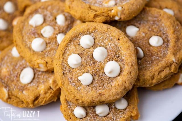 plate of pumpkin cookies with white chocolate chips