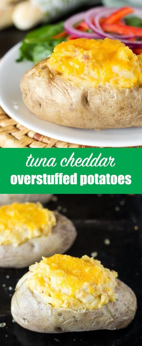 Whip up these 5-Ingredient Tuna Cheddar Stuffed Potatoes in less than 30 minutes when you need a quick, easy meal that the kids will love! Tuna Cheddar Stuffed Potatoes {Easy Dinner Recipe Idea}