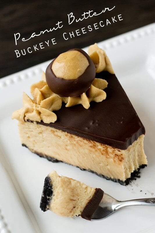 Rich, creamy peanut butter cheesecake topped with sweet chocolate ganache and and an Oreo cookie crust.