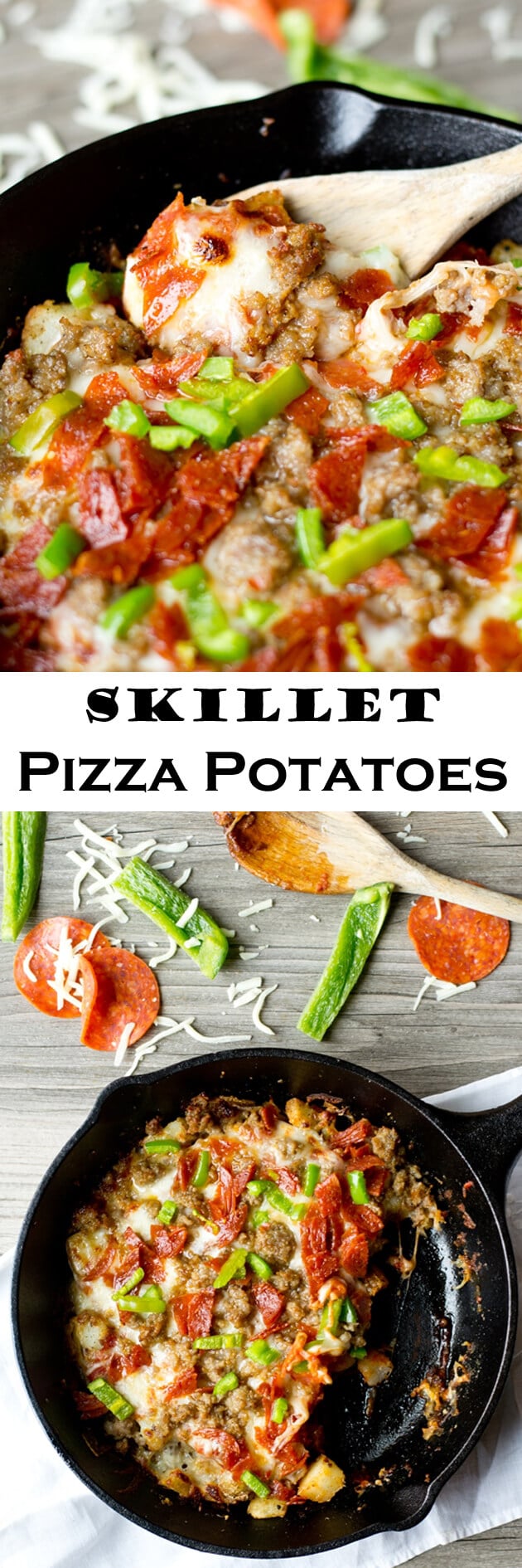 Skillet pizza potatoes topped with pizza sauce, gooey cheese and toppings of your choice. A great option for those on grain free and gluten free diets. Skillet Pizza Potatoes {Easy Gluten Free Weeknight Recipe Idea}