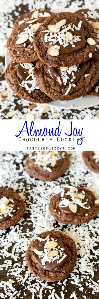 Bake these Almond Joy Chocolate Cookies for the coconut lover in your life. They're fudgy with chopped Mounds bars inside and chocolate, coconut and almonds on top. Almond Joy Chocolate Cookies Recipe {with Almond and Coconut}