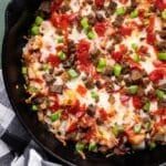 closeup of pizza potatoes in a skillet