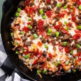 closeup of pizza potatoes in a skillet