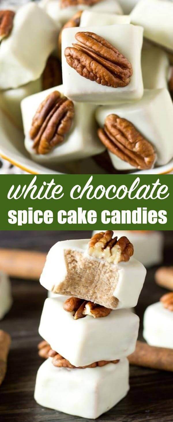 White Chocolate Spice Cake Candies are an easy, no-bake dessert that starts with a boxed cake mix. Fudge-like and bite-size, these would make an impressive addition to your cookie tray this baking season. White Chocolate Spice Cake Candies {Easy Cake Mix Fudge Recipe}
