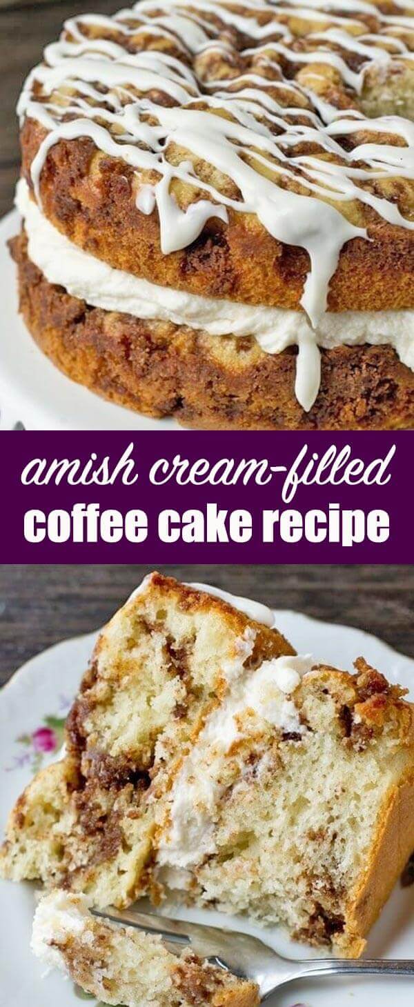 Sweet cream filling between layers of cinnamon infused coffee cake topped with a thick, vanilla glaze. Serve this cream filled coffee cake to your guests!
