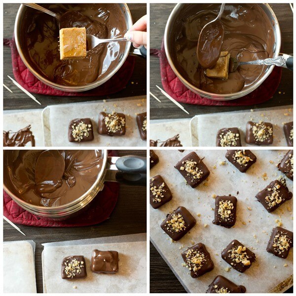 dipping pumpkin pie bites into chocolate