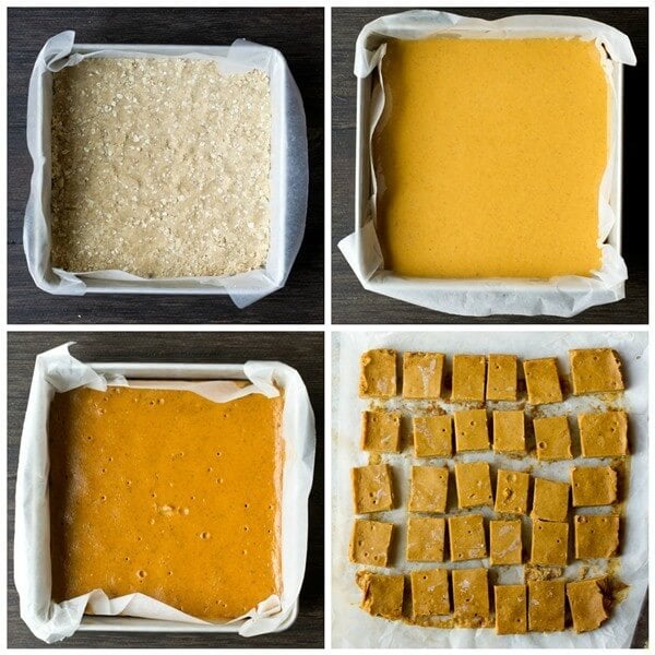 assembling an easy pumpkin pie bars dessert