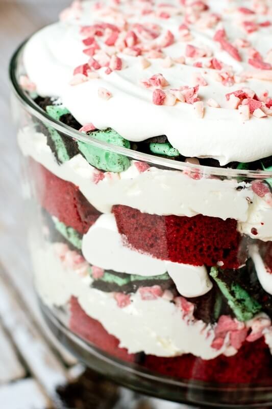 Peppermint Cheesecake Trifle with red velvet cake