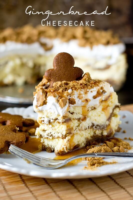 Thick, rich gingerbread cheesecake layered with gingerbread loaf batter. Spiced whipped topping, crushed ginger snaps and caramel top this decadent, holiday dessert!