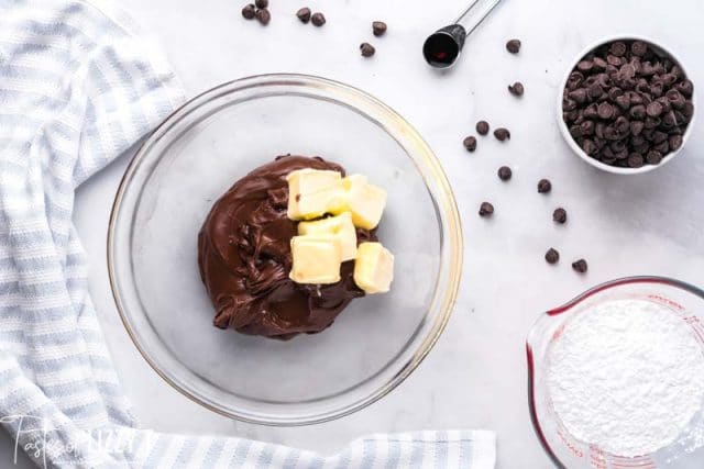 nutella and butter in a mixing bowl