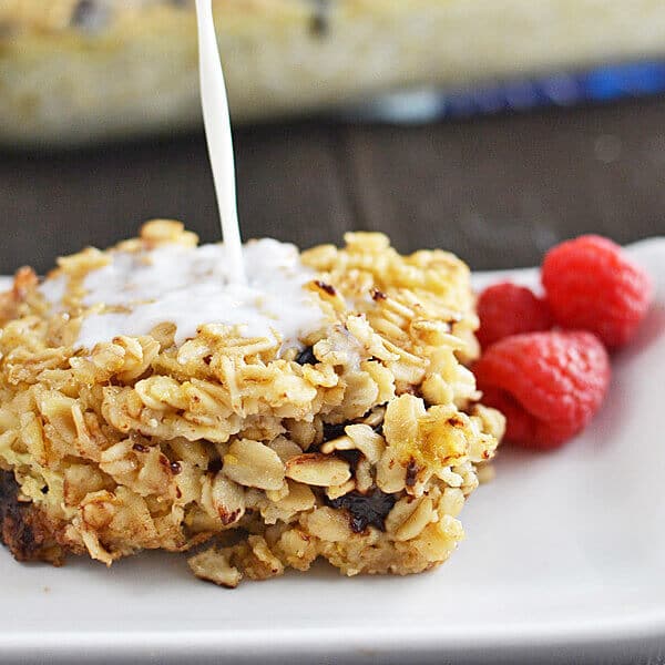 slice of chocolate chip baked oatmeal with milk