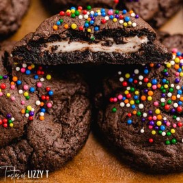 closeup of chocolate cookies with sprinkles