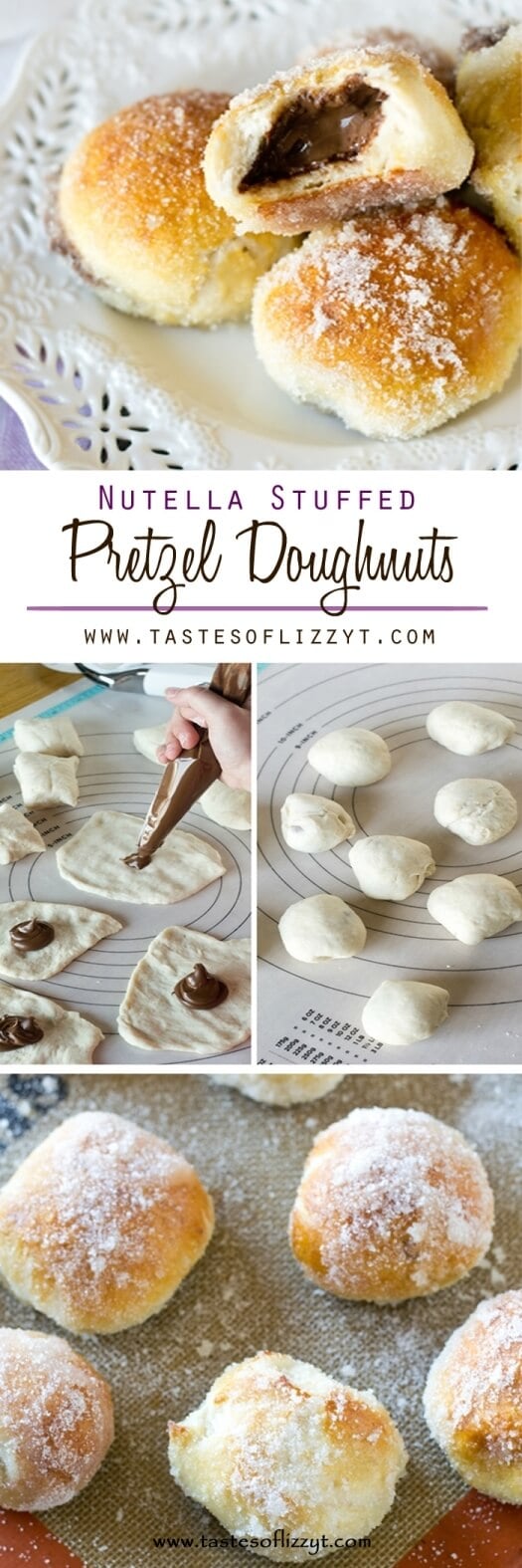 Nutella Stuffed Pretzel Doughnuts {Easy Doughnut Recipe for Kids to Make} A simple pretzel mix gets transformed into these baked Nutella Stuffed Pretzel Doughnuts. Soft, chewy pretzels with sugar coating and a Nutella center.
