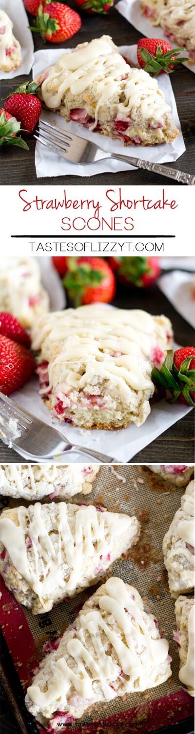 Soft, buttery strawberry shortcake scones stuffed with fresh strawberries and topped with sugary streusel and vanilla glaze. Breakfast at its best! how to make scones / easy strawberry scones / panera copycat scones