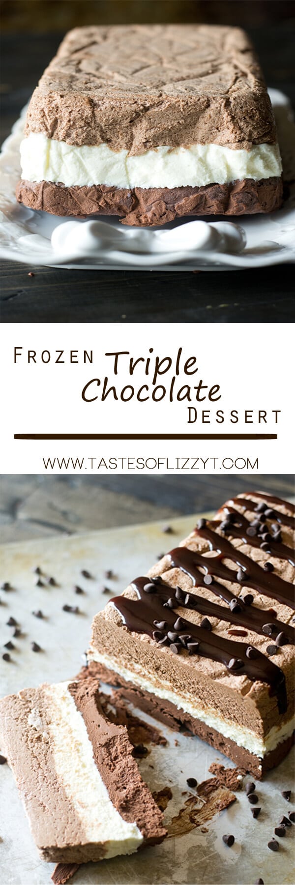 Three layers of whipped chocolate ganache are frozen together in this Triple Chocolate Frozen Dessert. This frosty dessert has an intense chocolate flavor. Triple Chocolate Frozen Dessert {An Easy No Bake Dessert Recipe}