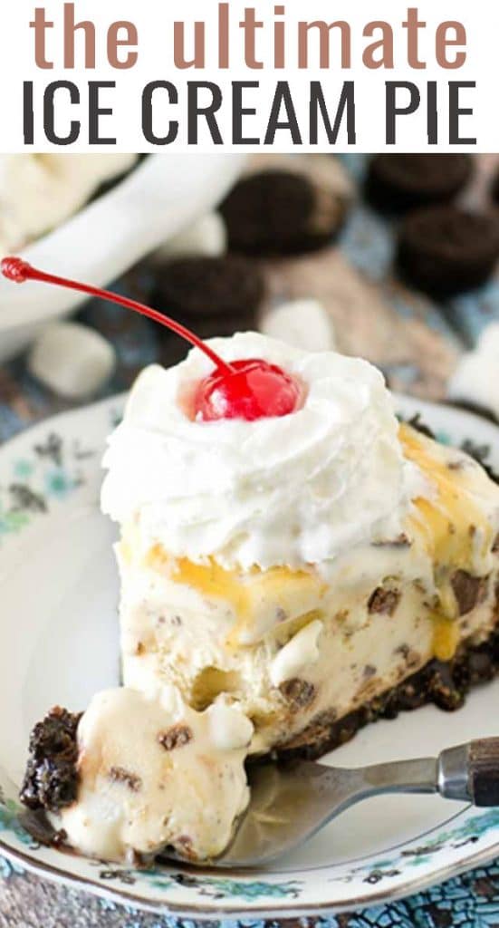 An ice cream pie with an Oreo cookie crust and homemade fudge sauce. The vanilla ice cream is stuffed with chocolate chips and marshmallows to make the ultimate ice cream pie!