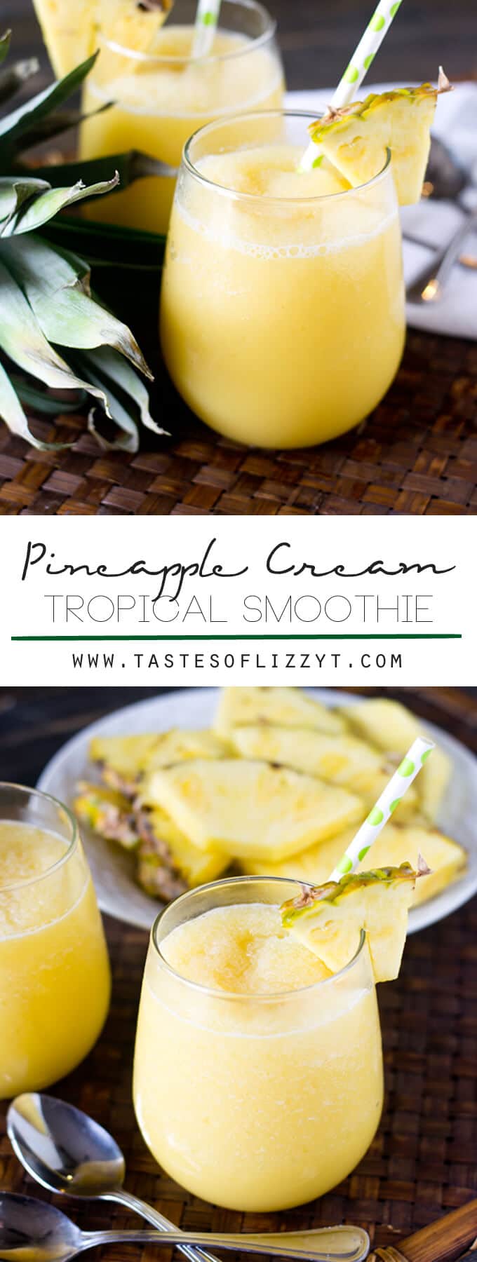 Sweet, creamy and tangy, this Pineapple Cream Tropical Smoothie with pineapple and a hint of orange is sure to refresh you on a hot summer day. It's dairy free and has no added sugar!